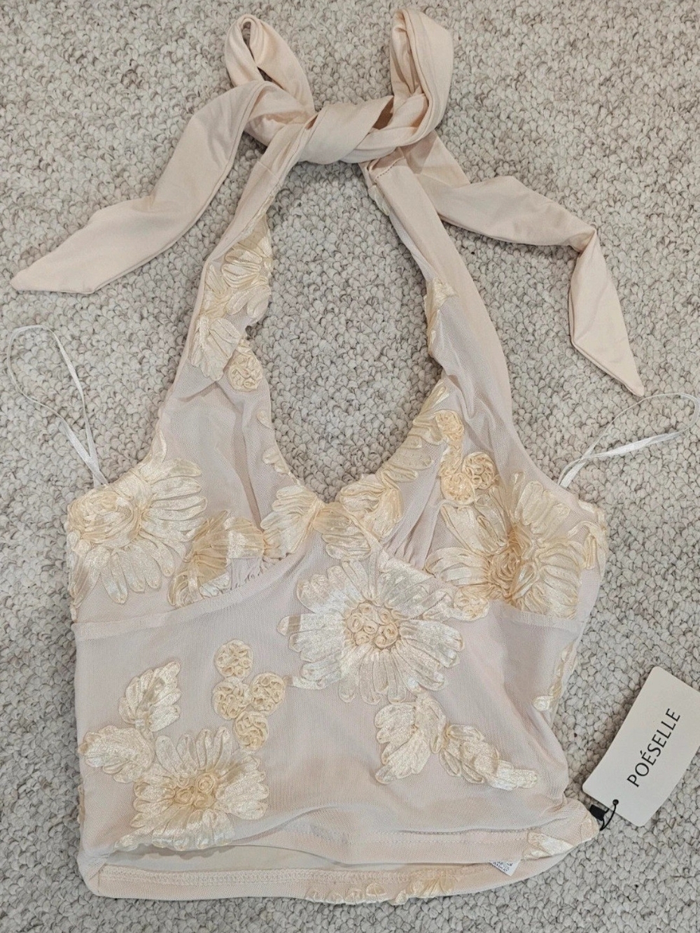 Poeselle  Cream Floral Embroidered Halter Top